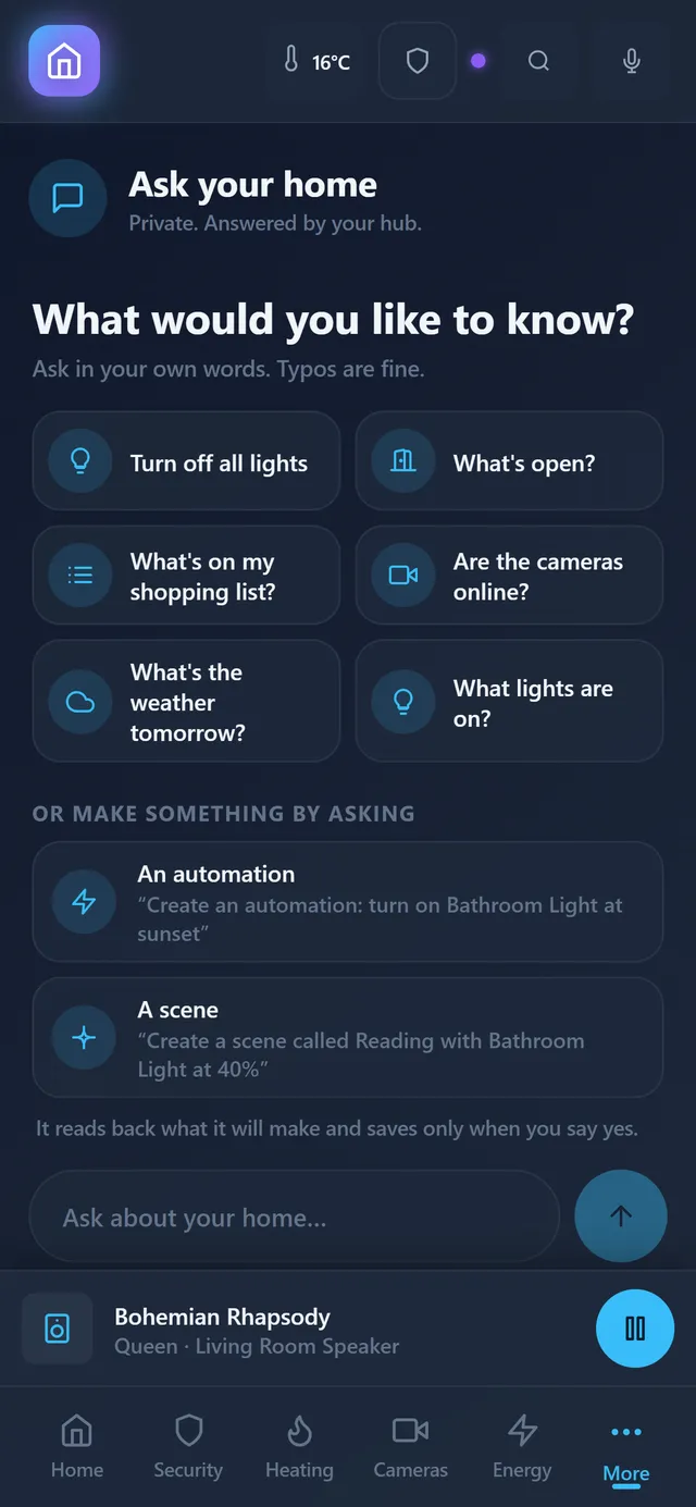 The app's Ask screen: suggestions such as turn off all lights and what's open, and a box to ask about your home