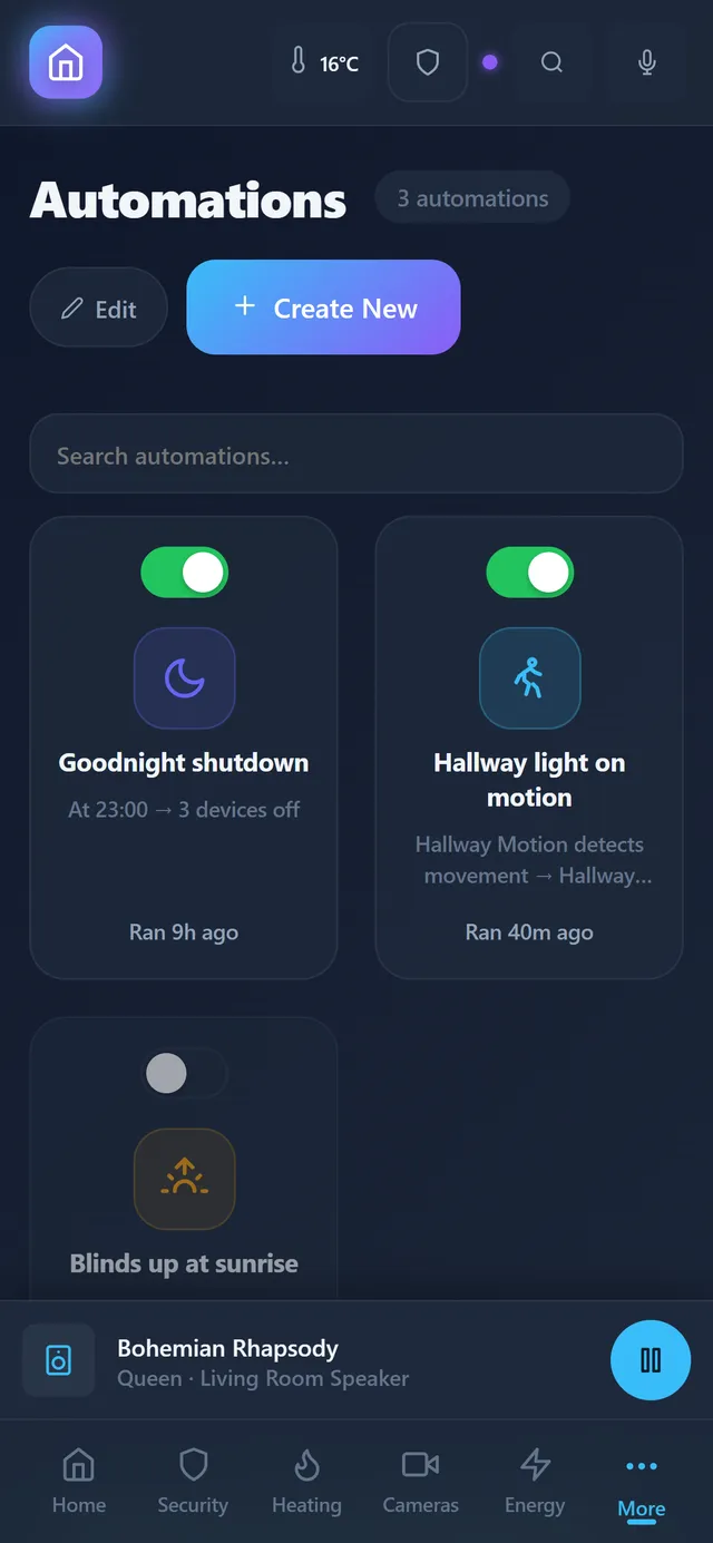 The Automations screen in the SmartHome Pro app, with Goodnight shutdown, Hallway light on motion and Blinds up at sunrise