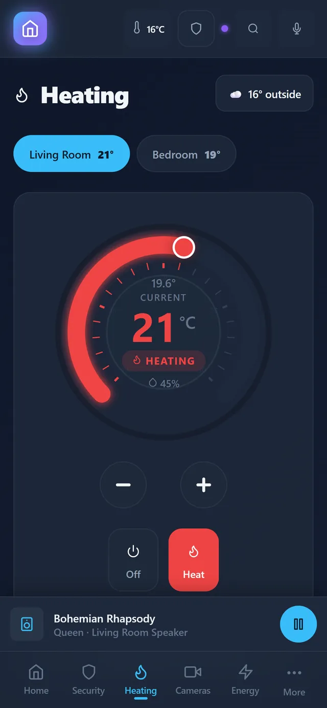 The heating screen in the SmartHome Pro app: the living room set to 21°, heating, with the bedroom at 19° beside it