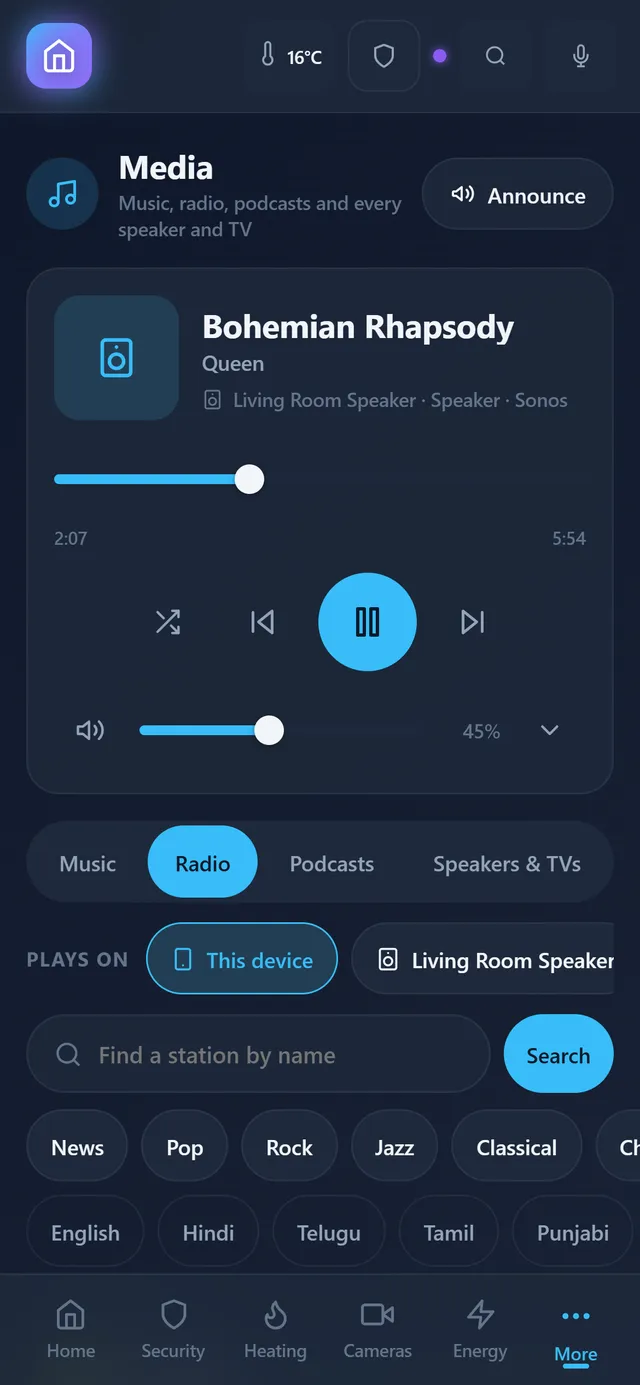 The Media screen in the SmartHome Pro app: Bohemian Rhapsody by Queen playing on the living room speaker, with radio stations below