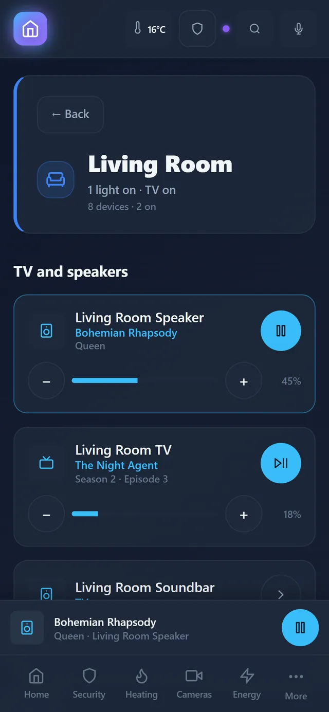 The Living Room screen in the SmartHome Pro app: the speaker, the TV and the soundbar, each with its own volume
