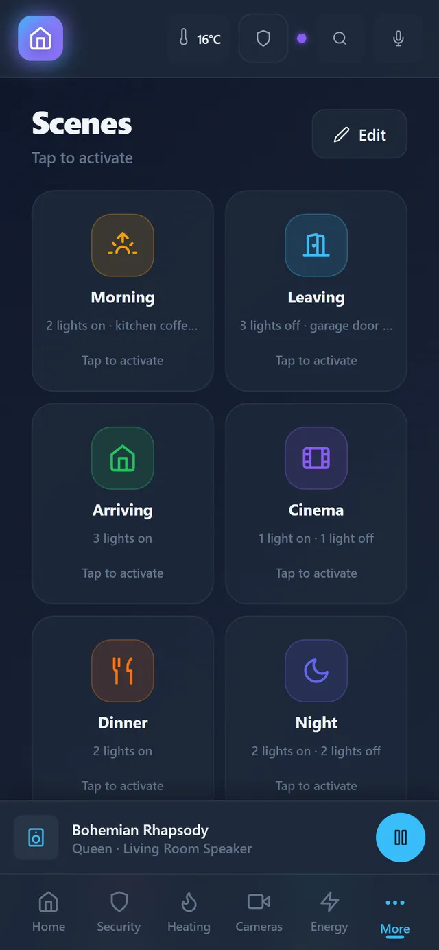 The app's scenes screen: eight scene tiles