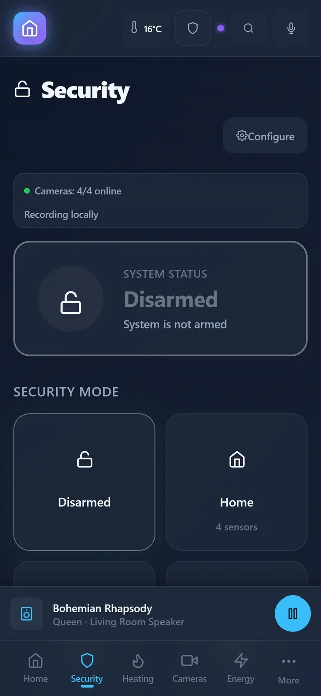 The Security screen in the SmartHome Pro app: the system status, Disarmed, and the alarm modes