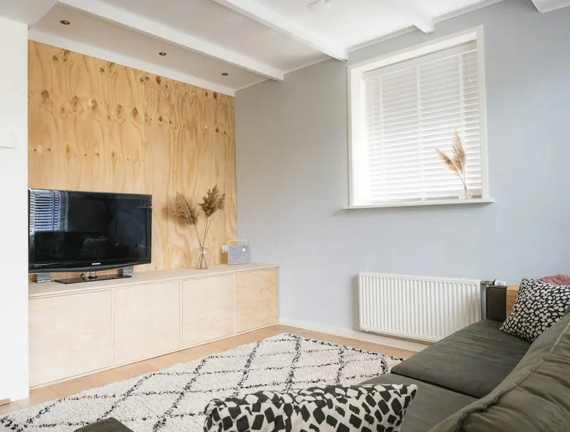 A bright living room with a radiator under the window and a sofa